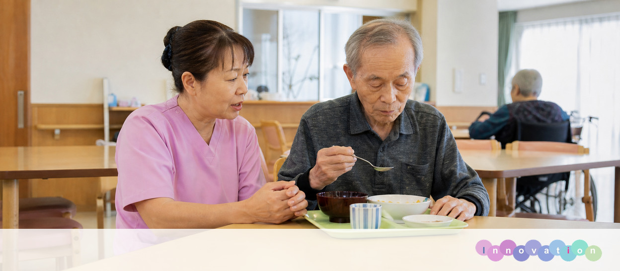 AIで作成した画像。実在の施設・職員ではありません（介護職・ヘルパー・食事見守りの場面）