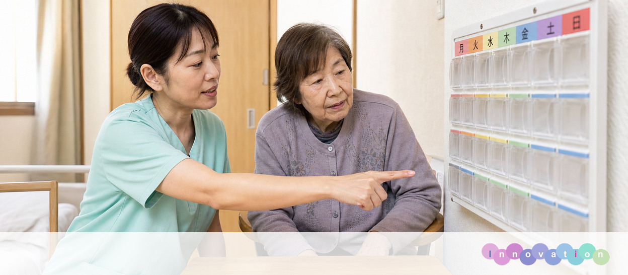 AIで作成した画像。実在の施設・職員ではありません（看護師・准看護師・服薬確認の場面）