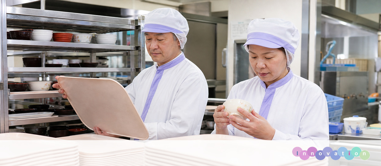AIで作成した画像。実在の施設・職員ではありません（調理師・栄養士・衛生確認の場面）