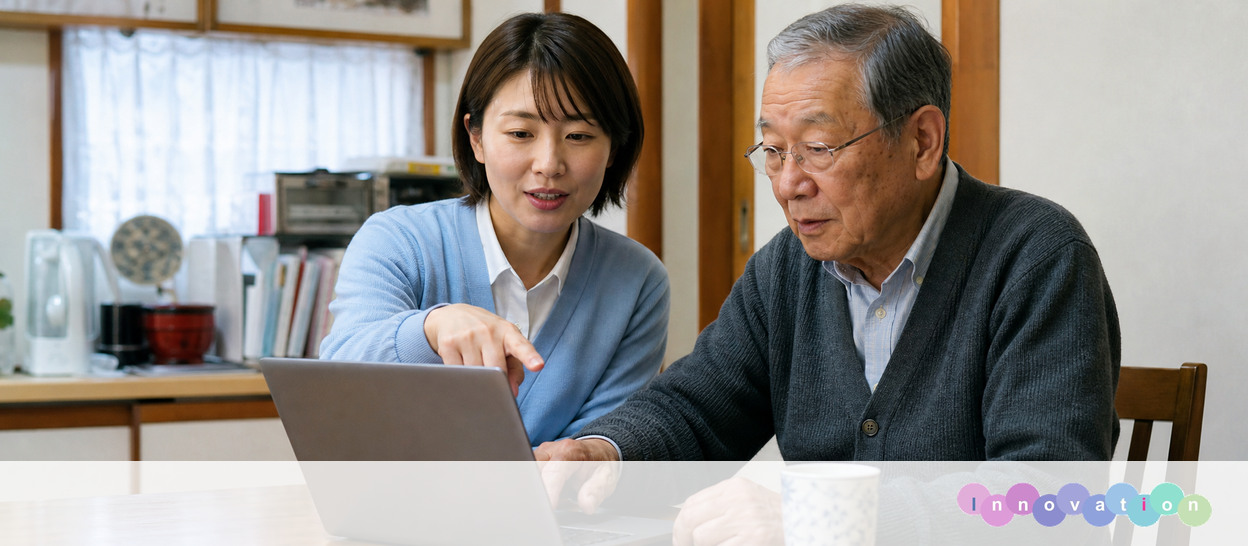 AIで作成した画像。実在の施設・職員ではありません（相談員・ケアマネ・パソコン支援の場面）