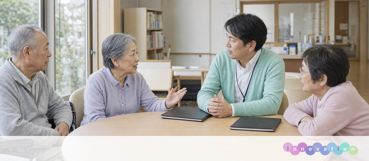 AIで作成した画像。実在の施設・職員ではありません（相談員・ケアマネ・相談会の場面）