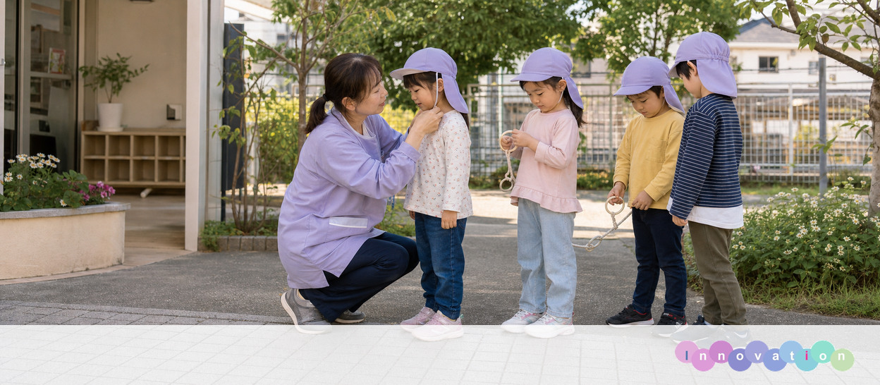 AIで作成した画像。実在の施設・職員ではありません（保育士・散歩前確認の場面）