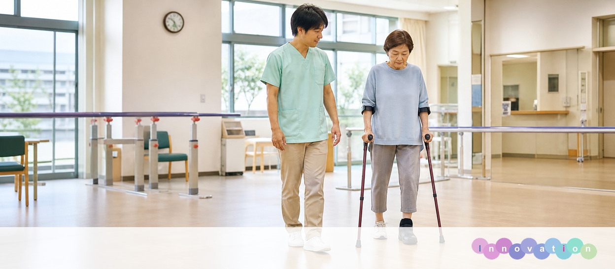 AIで作成した画像。実在の施設・職員ではありません（リハビリ職・松葉杖歩行の場面）