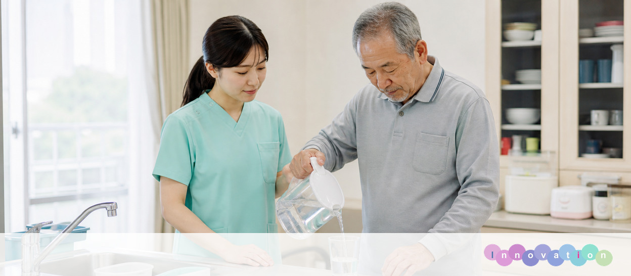 AIで作成した画像。実在の施設・職員ではありません（リハビリ職・生活動作訓練の場面）
