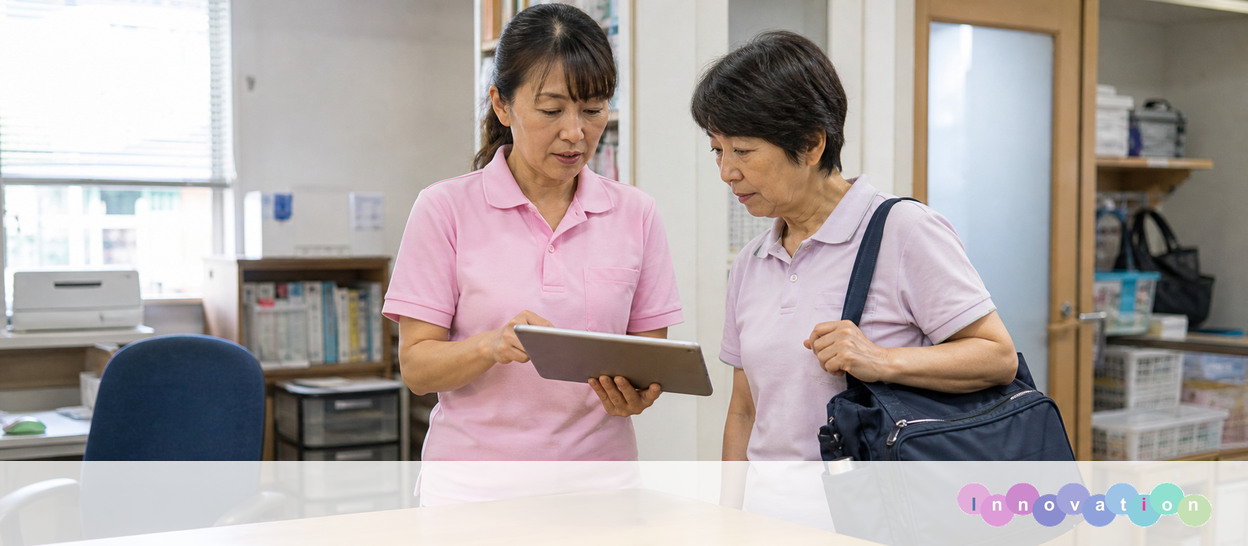 AIで作成した画像。実在の施設・職員ではありません（サービス提供責任者・訪問予定確認の場面）